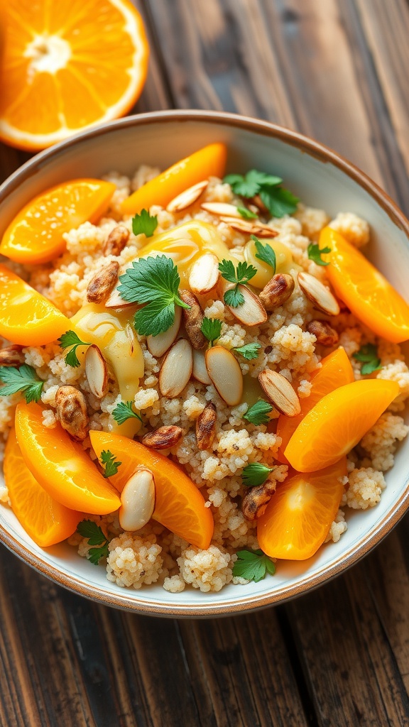 A colorful quinoa salad with oranges, almonds, and herbs in a bowl on a wooden table.